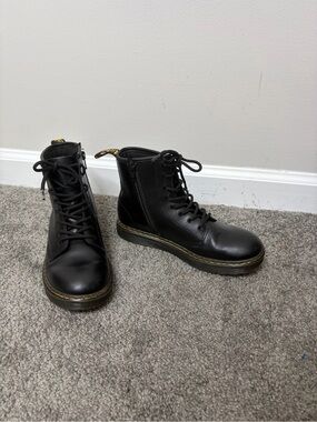 Black airwair dr. Martens Lace-Up Combat Boots with Yellow Stitching size 4